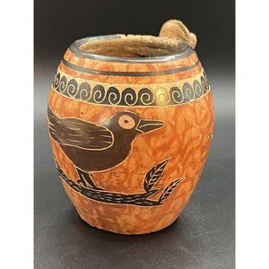 Vtg Artist Made Mug Sculpted Iguana Handle Hand Painted Bird AMAZING 4” T
